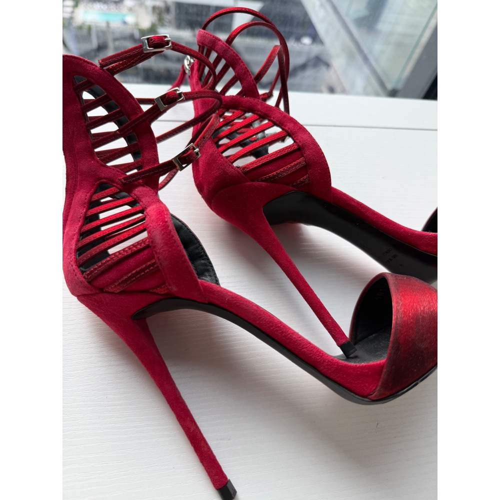 Giuseppe Zanotti Red Suede Metallic Satin Cage Stiletto Sandals Heels Size 38 - Picture 9 of 12